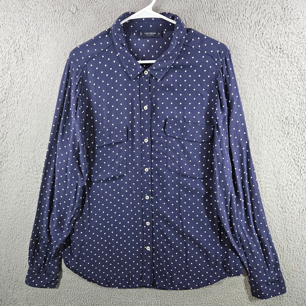 Lucky Brand Womens XL Polka Dot Button Down Shirt Navy Blue Long Sleeve Viscose
